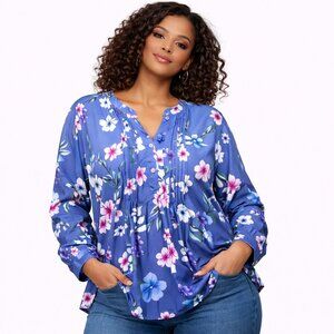 Collections Etc Blue Floral V-Neck Blouse | Long Sleeve Lightweight Top | Size X